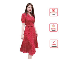 Váy xòe chấm bi đai eo cổ vest chất mango Lụa cao cấp