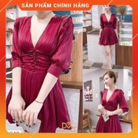 Váy xòe nhún eo, lụa Nhật cao cấp, sang trọng ❤️ Freeship ❤️ thiết kế cổ V khoét sâu với hàng cúc tôn vòng 1 gợi cảm
