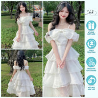 Váy xoè tiểu thư công chúa 2 lớp 4 tầng, váy hai dây sợi bún trễ vai nơ ngực cực xinh