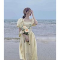Váy xốp tay bồng/phồng xanh lá/vàng, đầm váy dài xoè nhẹ dễ thương thời trang teen hot girl đi biển siêu xinh (ảnh thật)