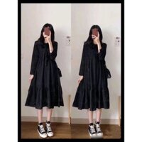 Váy xuông nữ- Đầm Babydoll Nữ Nơ Ngực tay bồng bánh bèo phối gile len xinh xắn tiểu thư