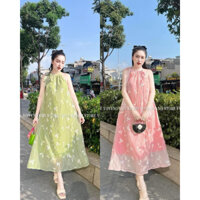 Váy Yếm Buộc dây nơ cổ voan nổi 2 lớp xinh xắn, dáng babydoll thêu hoa 2 dây cột sang chảnh