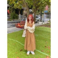 Váy yếm buộc nơ sau tone nâu ningqi