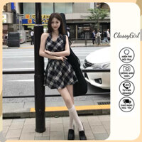 Váy Yếm Cổ Chữ V Kẻ Sọc Caro Mùa Hè Cho Nữ Phong Cách Mới Ngọt Ngào Ôm Eo Váy HotGirl Dáng Chân Xếp Ly Ngắn