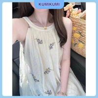 Váy yếm hoa nhí Kumikumi dáng xòe, Đầm suông dài 2 lớp tiểu thư Hàn quốc