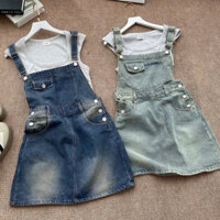 Váy Yếm Jean 2 dây áo thun polo trắng,Sét Yếm Váy Nắp Túi Áo Thun