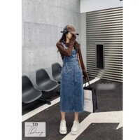váy yếm  jean dài rút dây hai bên xẻ tà lyie