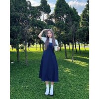 VÁY YẾM JEAN DENIM VIỀN CHỈ CHUN LƯNG DÁNG XÒE DÀI SIÊU XINH HÀN QUỐC