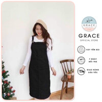 Váy yếm jean nữ dài, đầm yếm bò dáng chữ A 2 dây điều chỉnh được form rộng Grace - QY04