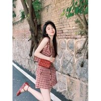 Váy yếm kẻ sọc cổ điển màu đỏ cho nữ Váy mùa hè Váy lưng cao phù hợp với váy hai mảnh
