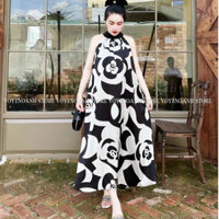 Váy yếm lụa đi biển hoa trà, đầm maxi cổ yếm bầu bí bon chen thoải mái