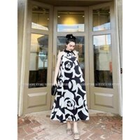 Váy yếm lụa đi biển hoa trà, đầm maxi nữ cổ yếm màu đen trắng đi chơi sang trọng