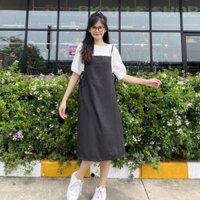 Váy yếm nữ dáng suông dài form rộng, set đầm yếm nữ dáng dài suông buộc nơ eo kèm áo sơ mi trắng màu trơn Ulzzang