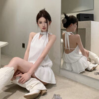 Váy yếm phối cổ choker hở lưng quyến rũ, đầm xoè thắt eo dáng bí cổ cột nơ tiểu thư
