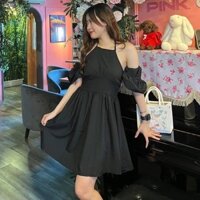 Váy yếm phối tay nơ trắng nữ - Đầm midi vai dúm cổ yếm thun eo dáng xòe tiểu thư