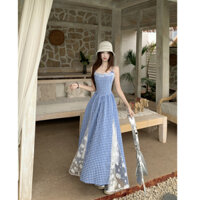 Váy yếm ren chắp vá kẻ sọc Hàn Quốc