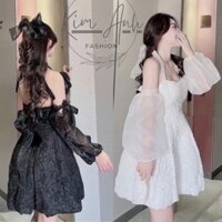 Váy yếm - Váy cổ yếm phối tay rời buộc nơ, Phối được 4 kiểu khác nhau, Chất gấm hoa nổi Quảng Châu cực xinh Kim Anh Shop