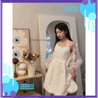 Váy yếm - Váy cổ yếm phối tay rời buộc nơ, Phối được 4 kiểu khác nhau, Chất gấm hoa nổi Quảng Châu cực xinh