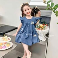 Váy/đầm jean demi mềm cánh tiên đính nơ xinh cho bé mặc nhà, đi học, đi chơi