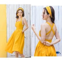 Váy/Đầm Maxi Đi Biển Dáng Xòe Hở Lưng, Màu Vàng Rực Rỡ, Tùng Xòe Đan Dây Thắt Nơ Xinh Xắn ྇ ་
