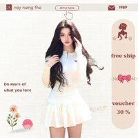 (vaynangtho -order) set váy trắng dáng xòe gồm áo len dài tay kèm chân váy