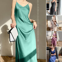 Vch Nữ Giữa Đầm Satin Spaghetti Dây Đeo Cổ Chữ V Cơ Bản Không Tay Mặc Quần Áo Lưng Cao Cấp Thanh Lịch Nữ Mùa Hè Quần Áo Nữ