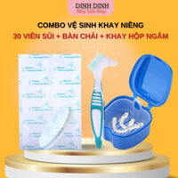 Vệ sinh khay niềng răng Combo đầy đủ: 30 viên sủi + Bàn chải 2 đầu + Hộp ngâm khay, vệ sinh hàm duy trì