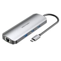 Vention Multi-function USB-C to HDMI/USB3.0x3/RJ45/SD/TF/PD Docking Station 0.15M Gray Aluminum Alloy Type ( TOKHB )