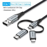 Vention USB 2.0 A Male to 3-in-1 Micro-B&USB-C&Lightning Male Cable 1M Gray Aluminum Alloy Type ( CQJHF )