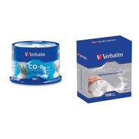 Verbatim CD-R 700MB 52X Silver Inkjet Printable - 50pk Spindle, 50-Disc (95005) & CD/DVD Paper Sleeves-with Clear Window 100pk