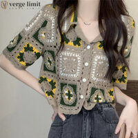 Verge LIMIT Áo len ngắn dệt kim rỗng, Áo len dệt kim ngắn tay có móc hoa, Áo len dệt kim cổ điển đi biển phong cách dân tộc ngày lễ