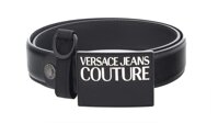 Versace Jeans Couture Black Square Buckle Logo Adjustable Leather Belt with Keyring for Mens