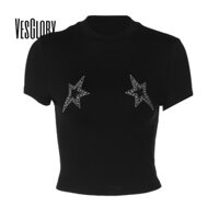 Vesglory Nữ 2025 Phong Cách Thời Trang Cổ Tròn In Hình Ngôi Sao Màu Sắc Tương Phản Slim Fit Áo Thun Thể Thao Thông Thường