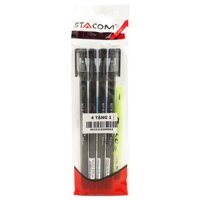 Vỉ 4 Bút Bi Mực Gel Xóa Được Nắp Đậy - 0.5mm Stacom-VGBP104A - Mực Đen - Kèm 1 Bút Chì PC202