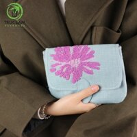 Ví Cầm Tay Nữ Vải Linen Thêu Tay Sa Hạt Họa Tiết Hai Hoa Cúc - Trúc Lâm Handmade