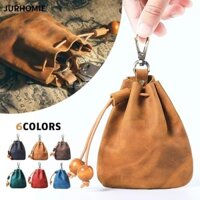 Ví đựng tiền xu JURHOMIE, có móc kim loại Túi lưu trữ nhỏ, Ví chìa khóa dây rút màu trơn bằng da thật cổ điển