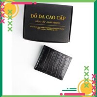 VÍ nam da bò mini dập vân cá sấu đen [ví ngang] -BH 36TH- NL09