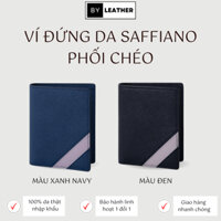 VÍ Nam dáng đứng màu xanh và màu đen DA SAFFIANO Cao Cấp phối sọc chéo thương hiệu BY Leather