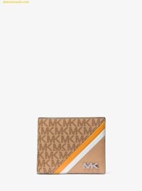 Ví Nam Michael Kors MK Rivington Striped Logo Billfold Wallet With Coin Pouch Màu Vàng Logo