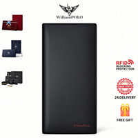 Ví nam William polo Ví dài da đa chức năng đựng thẻ màu đỏ nội thất kẹp tiền Men's wallet leather long wallet multifunctional card holder red interior money clip