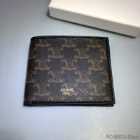 Ví ngang da bò - Ví nam da bò sáp dập logo celine màu nâu viền da bò đen