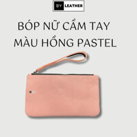 VÍ NỮ CẦM TAY màu Hồng Pastel - bóp CÓ KHÓA KÉO đựng vừa điện thoại thương hiệu BY Leather