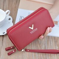 ví nữ da pu ví xinh Ví nữ có khóa kéo gấp đôi, ví cầm tay dung tích lớn kiểu dài, ví tiền lẻ điện thoại nhiều ngăn đựng thẻ phong cách Hàn Quốc bằng da mềm hai lớp