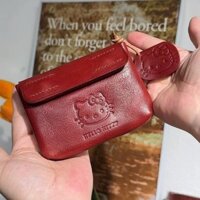 Ví tiền da đỏ handmade Hello Kitty, mini dễ thương, đựng tai nghe và thẻ ID