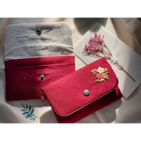 Ví vải linen 2 ngăn thêu tay hoạ tiết hoa hồng (100% handmade)