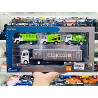 Vỉ xe mô hình đồ chơi 4 xe chở rác + container tỉ lệ 1:64 VX001