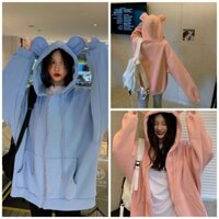 VIDEO ẢNH THẬT  Áo Khoác Nữ Tai Thỏ GẤU Kiểu Hoodie Có Khóa Kéo Rộng Unisex -Vải Nỉ Chống Nắng Thu Đông - M - HỒNG