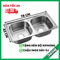 (VIDEO ẢNH THẬT) Chậu rửa bát INOX 2 hố, bồn rửa chén chậu đôi kích thước 78cm*34cm kèm bộ xi phông thoát nước QM.CR005