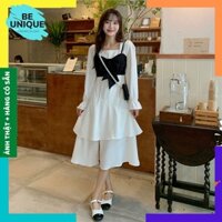 [Video + Ảnh Thật] Đầm Dáng Dài Cổ Vuông Tay Dài Kèm Yếm Nơ Đen Xẻ Chân, Tôn Dáng Siêu Đẹp - SP000139