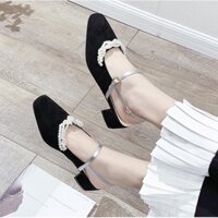 Video+ Ảnh thật_ Giày nữ da lộn hở gót mũi vuông gót vuông 4p viền ngọc hàng Qc cao cấp full box